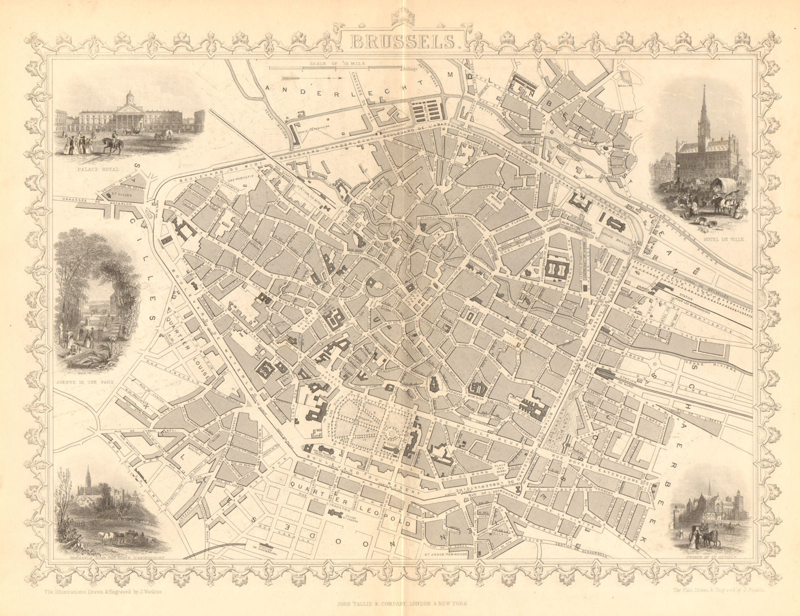 Town/city plan of BRUSSELS by TALLIS & RAPKIN. Vignette views c1855 old map